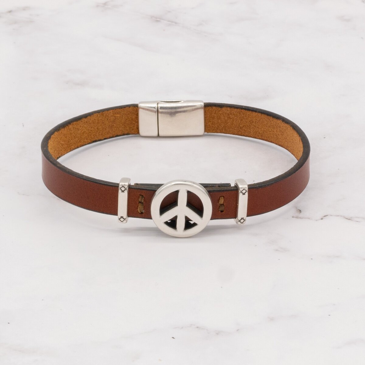 Leather Bracelet with Silver Charm & Magnetic Clasp - Peace Sign 4 Leather Bracelet with Silver Charm & Magnetic Clasp - Peace Sign - Image 4