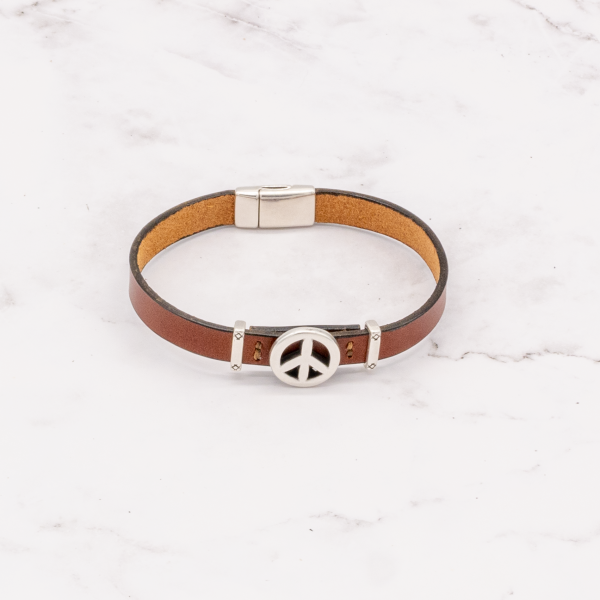 Leather Bracelet with Silver Charm & Magnetic Clasp - Peace Sign - Image 5