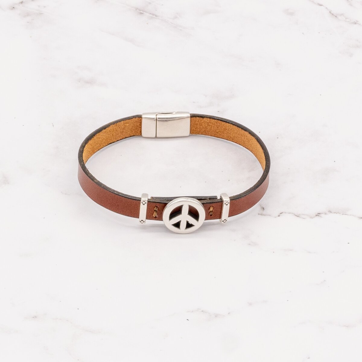 Leather Bracelet with Silver Charm & Magnetic Clasp - Peace Sign 5 Leather Bracelet with Silver Charm & Magnetic Clasp - Peace Sign - Image 5