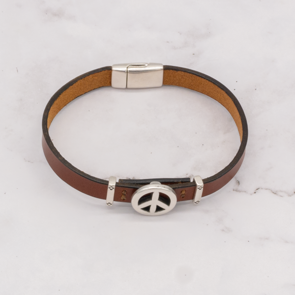 Leather Bracelet with Silver Charm & Magnetic Clasp - Peace Sign - Image 6