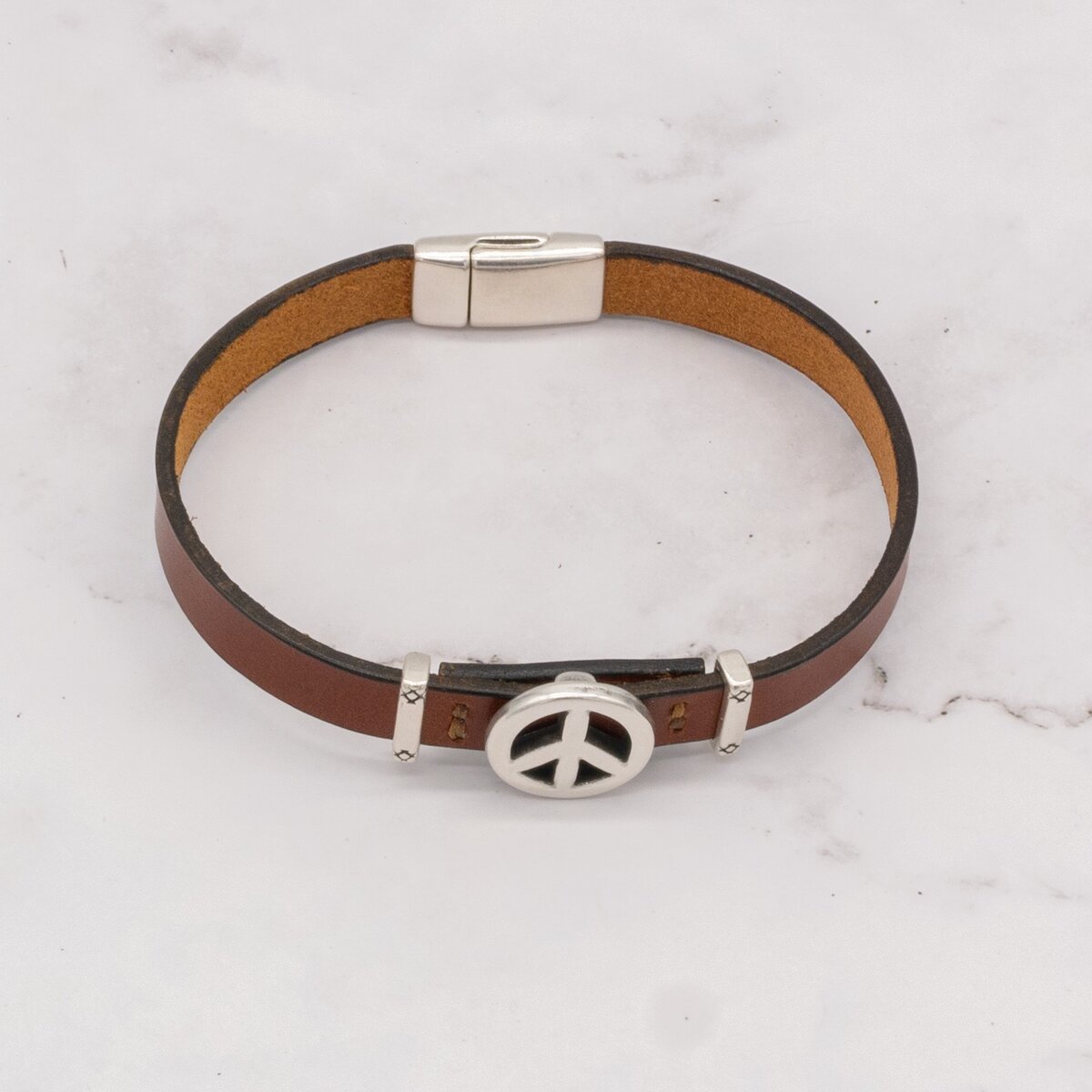 Leather Bracelet with Silver Charm & Magnetic Clasp - Peace Sign 6 Leather Bracelet with Silver Charm & Magnetic Clasp - Peace Sign - Image 6