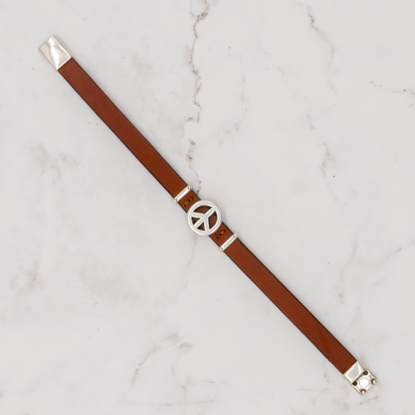 Leather Bracelet with Silver Charm & Magnetic Clasp - Peace Sign - Image 2