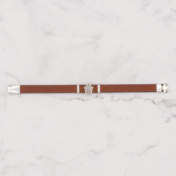 Leather Bracelet with Silver Charm & Magnetic Clasp - Hamsa - Image 6