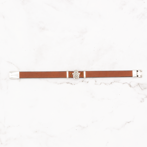 Leather Bracelet with Silver Charm & Magnetic Clasp - Hamsa - Image 4