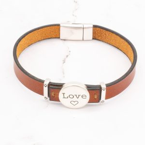 Leather Bracelet with Silver Charm & Magnetic Clasp - Love