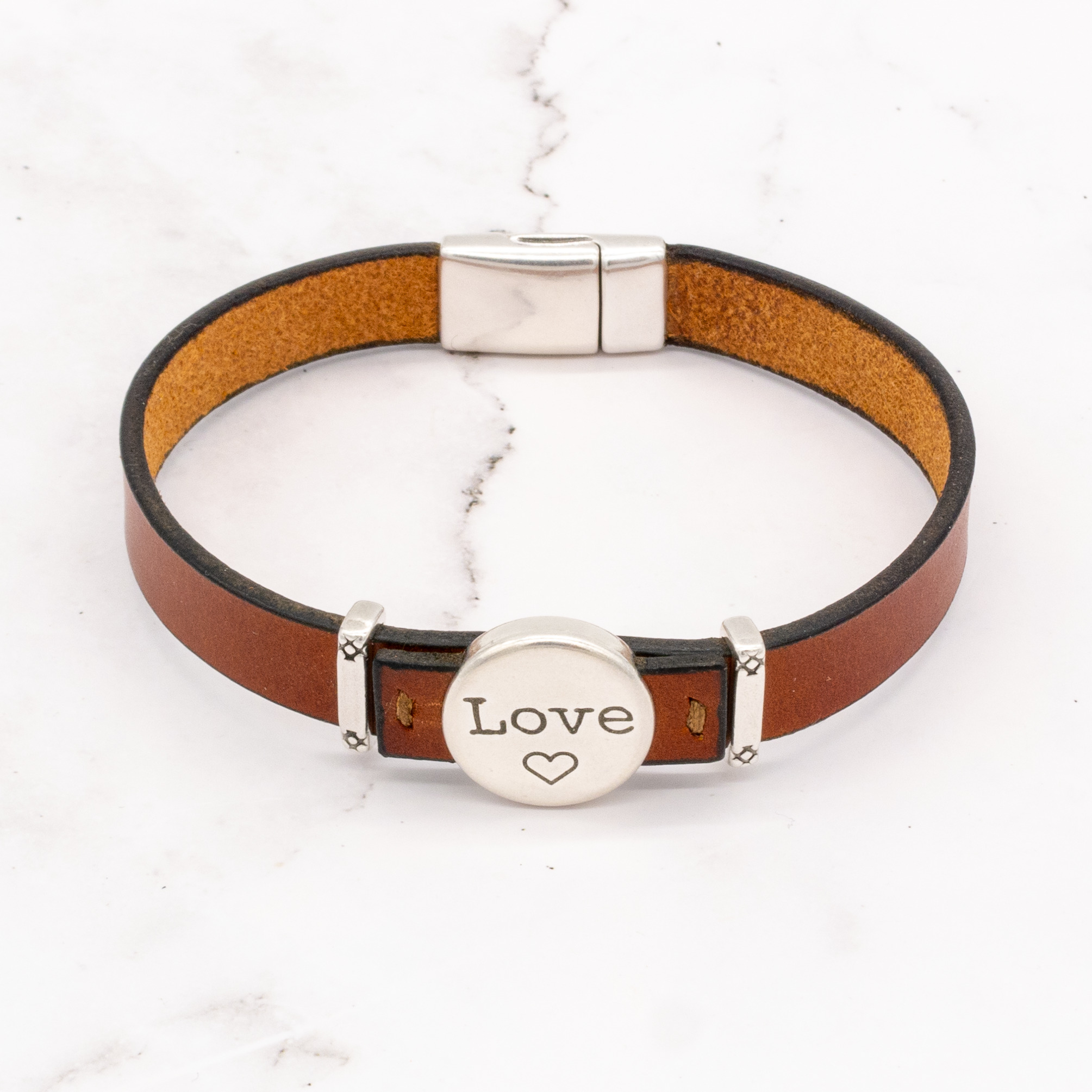 Leather Bracelet with Silver Charm & Magnetic Clasp - Love 7 Leather Bracelet with Silver Charm & Magnetic Clasp - Love - Image 7