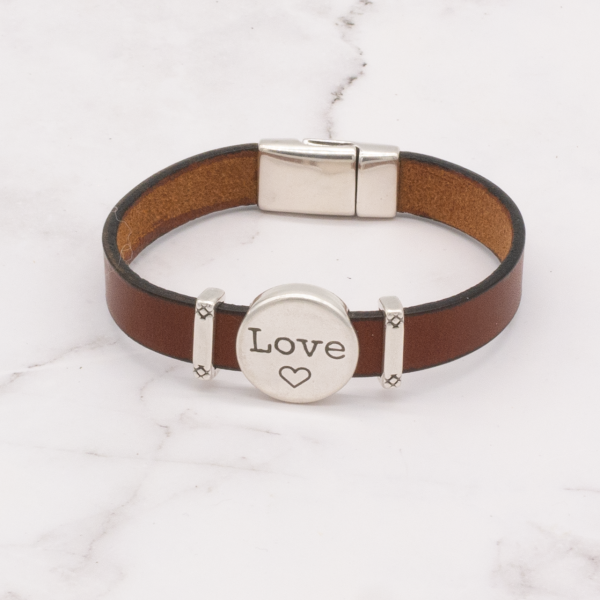 Leather Bracelet with Silver Charm & Magnetic Clasp - Love - Image 6