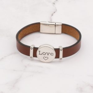 Leather Bracelet with Silver Charm & Magnetic Clasp - Love