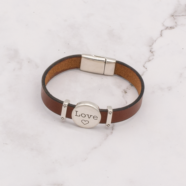 Leather Bracelet with Silver Charm & Magnetic Clasp - Love - Image 3