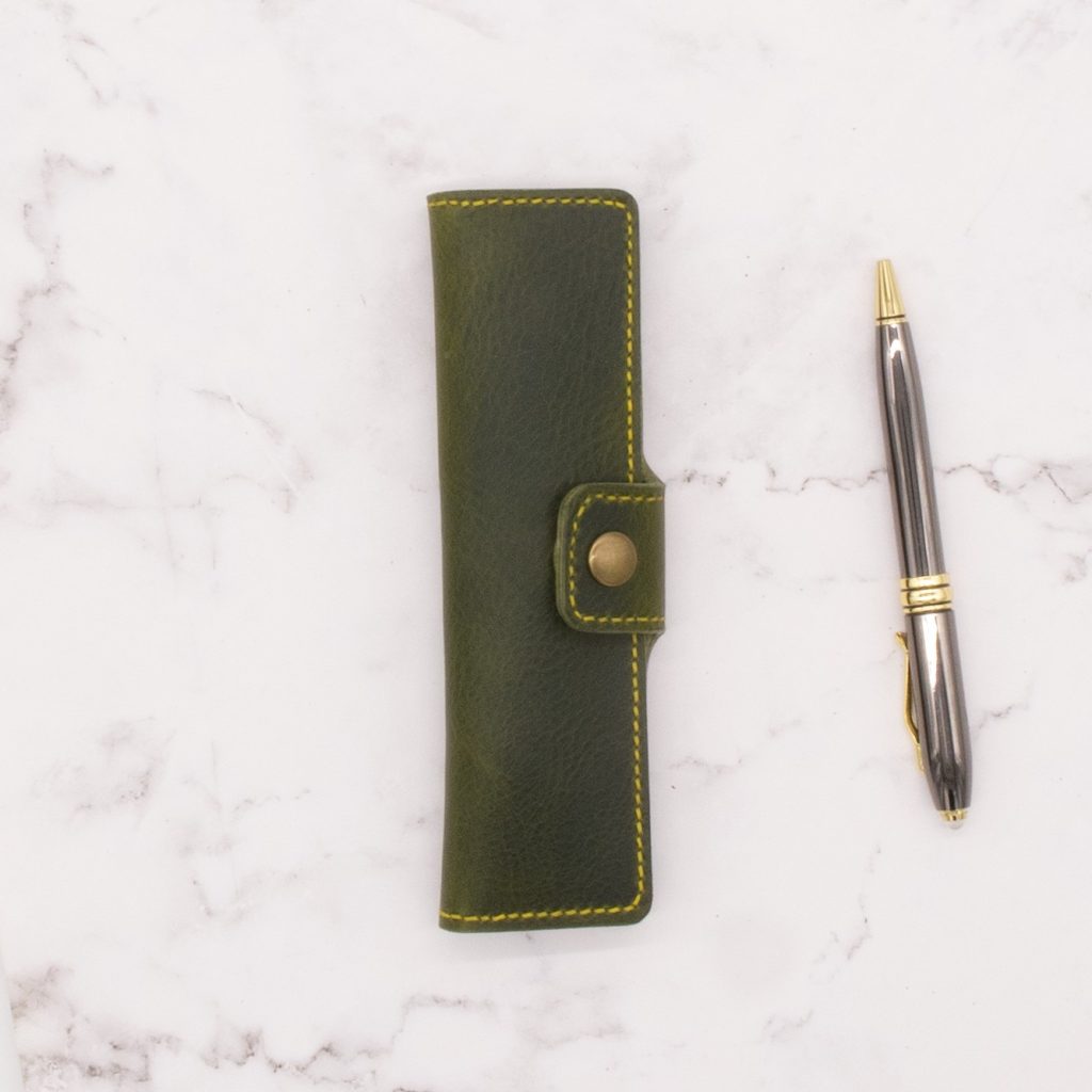 Home 33 Handmade Leather Pen Case - Limited Edition Olive Green with Yellow Stitch