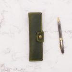 Handmade Leather Pen Case - Limited Edition Olive Green with Yellow Stitch