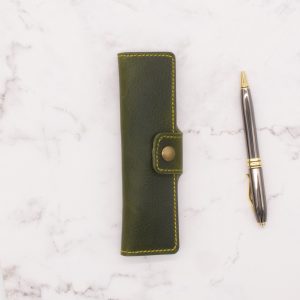 Home 32 Handmade Leather Pen Case - Limited Edition Olive Green with Yellow Stitch