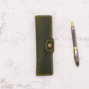 Handmade Leather Pen Case - Limited Edition Olive Green with Yellow Stitch