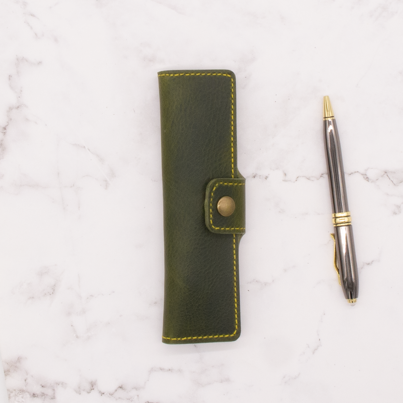 Handmade Leather Pen Case - Limited Edition Olive Green with Yellow Stitch 1 Handmade Leather Pen Case - Limited Edition Olive Green with Yellow Stitch