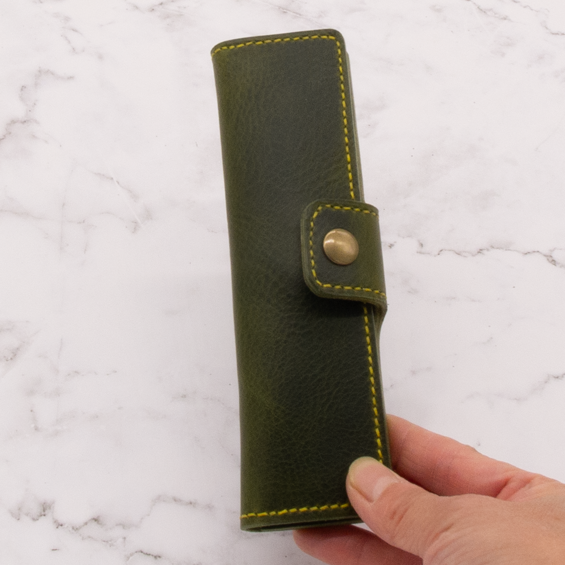Handmade Leather Pen Case - Limited Edition Olive Green with Yellow Stitch 6 Handmade Leather Pen Case - Limited Edition Olive Green with Yellow Stitch - Image 6