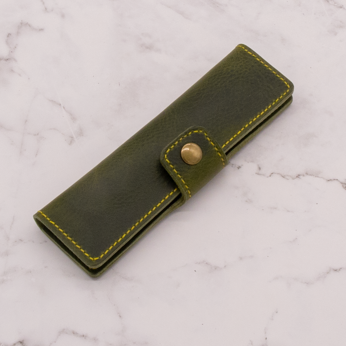 Handmade Leather Pen Case - Limited Edition Olive Green with Yellow Stitch 7 Handmade Leather Pen Case - Limited Edition Olive Green with Yellow Stitch - Image 7